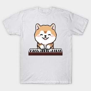 Kawaii Cute Dog Playing Piano Keyboard T-Shirt